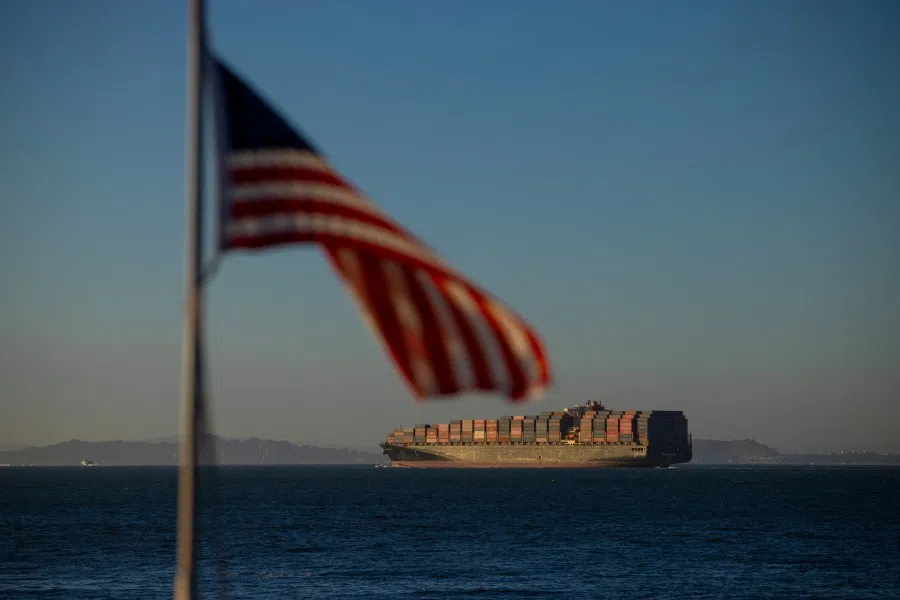 A cargo ship full of shipping containers departs the port of Oakland at the San Francisco Bay, California, US, on 4 August 2025.