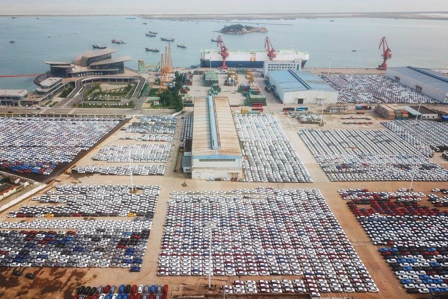 This aerial photo taken on 7 September 2021 shows a view of cars at Lianyungang Port in Lianyungang in China's eastern Jiangsu province. (STR/AFP)