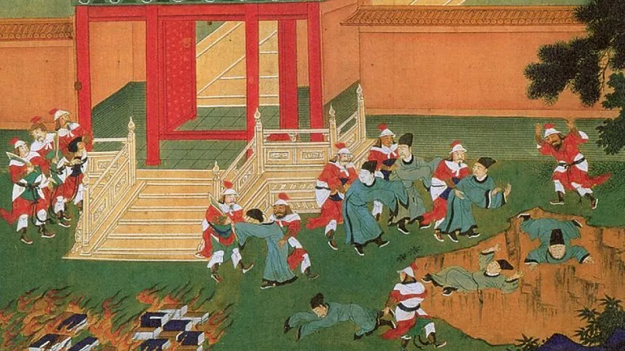 An illustration showing the burning of books and killing of scholars, as ordered by Emperor Qin Shi Huang. (Internet)