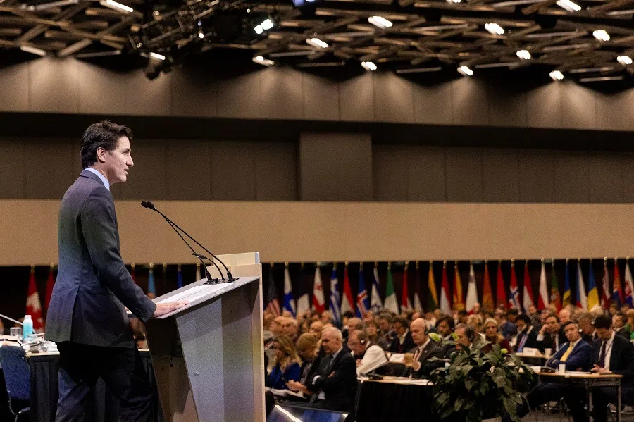 Canada’s Prime Minister Justin Trudeau speaks at the 70th Annual Session of the NATO Parliamentary Assembly in Montreal, Quebec, Canada, on 25 November 2024. (Evan Buhler/Reuters)