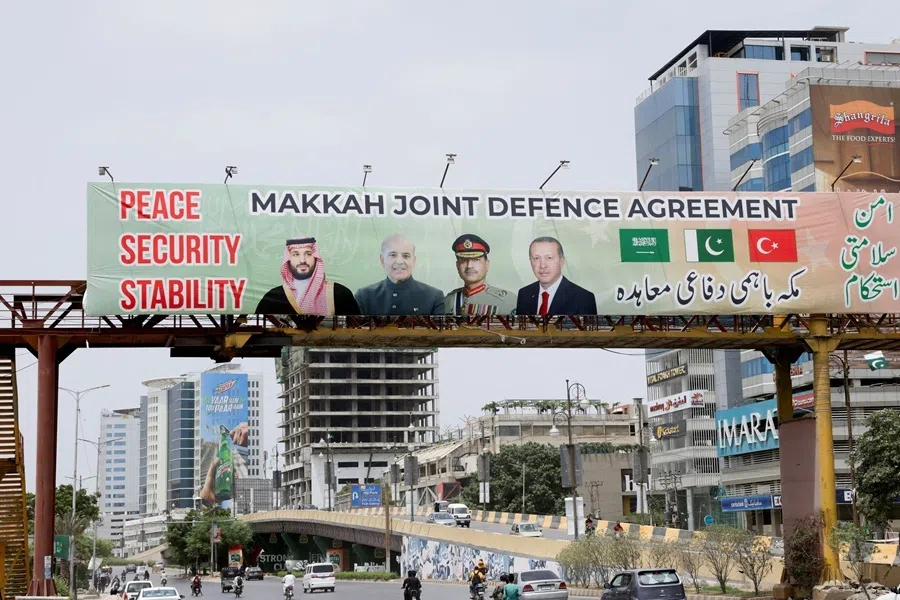 A billboard featuring Saudi Crown Prince Mohammed bin Salman, Pakistani PM Muhammad Shehbaz Sharif, Army Chief Asim Munir, and Turkish President Recep Tayyip Erdoğan in Karachi, Pakistan, on 9 August 2026.