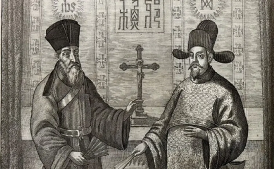 Jesuit Matteo Ricci and Ming dynasty scholar-official Xu Guangqi in a 17th-century Dutch book.