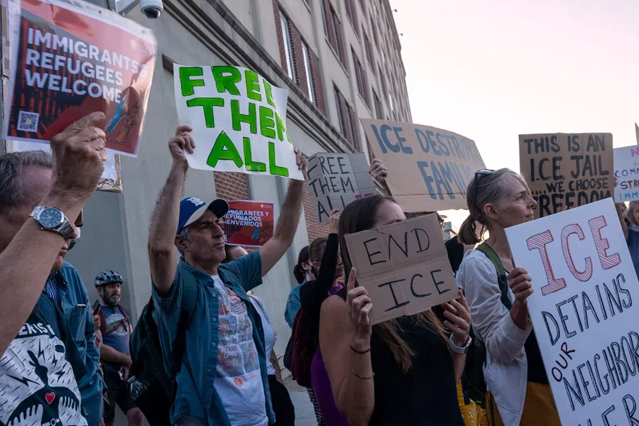 People participate in an anti-Immigration and Customs Enforcement (ICE) rally outside of the Brooklyn Metropolitan Detention Center on 2 September 2025, in New York City. (Spencer Platt/Getty Images/AFP)