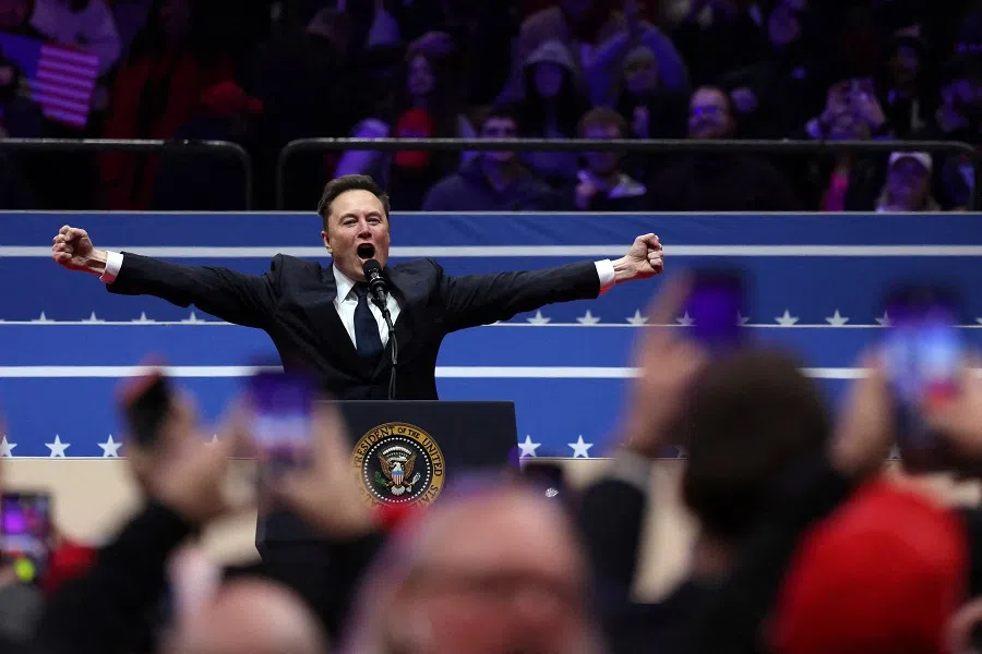 Elon Musk gestures as he speaks inside the Capital One Arena on the inauguration day of Donald Trump’s second presidential term, in Washington, US, on 20 January 2025. (Amanda Perobelli/Reuters)
