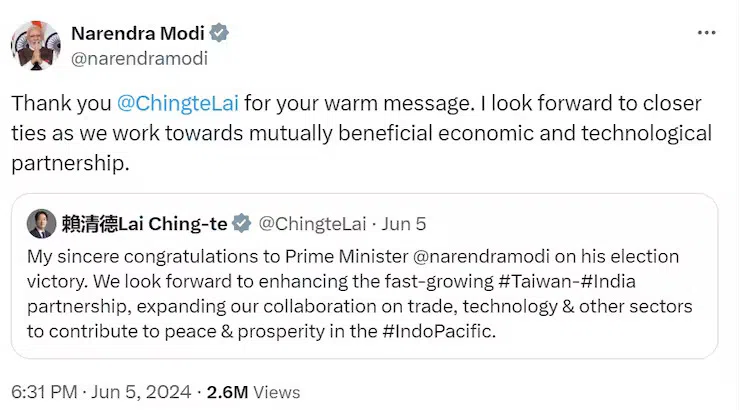 The congratulatory message from Taiwan president Lai Ching-te and the response by Indian Prime Minister Narendra Modi. (Internet)