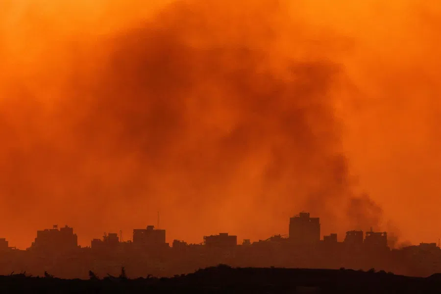 This picture taken from a position at Israel’s border with the Gaza Strip shows smoke billowing during an Israeli strike on the besieged Palestinian territory, on 9 September 2025.