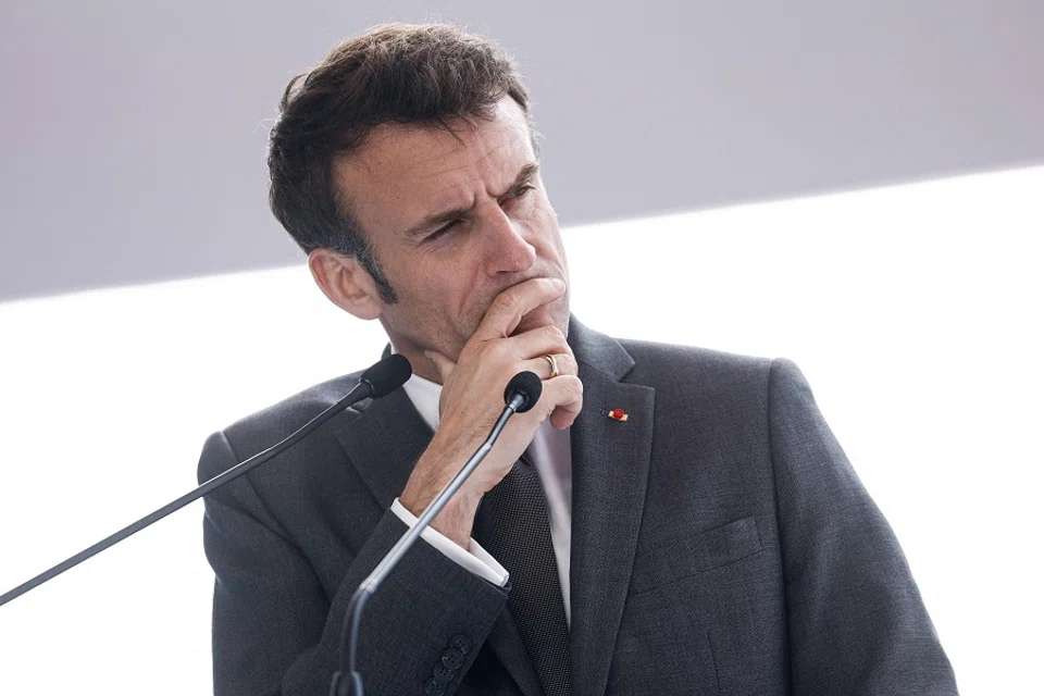 French President Emmanuel Macron gestures during the North Sea summit in Ostend, Belgium, on 24 April 2023. (Kenzo Tribouillard/AFP)