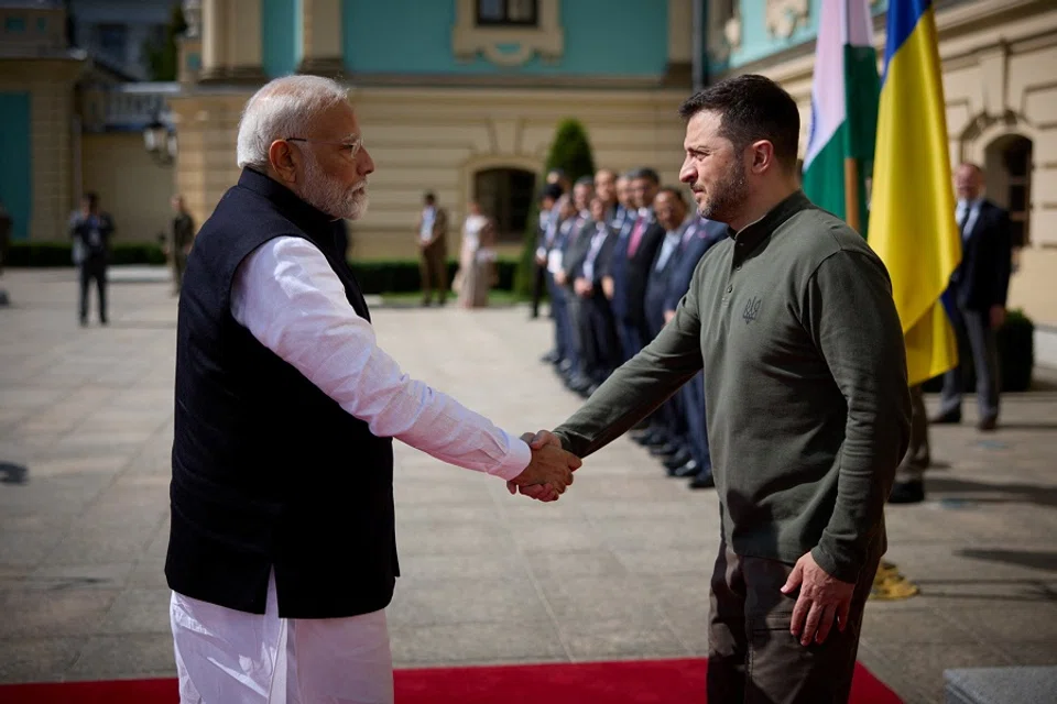 Ukraine’s President Volodymyr Zelenskyy welcomes India’s Prime Minister Narendra Modi, amid Russia’s attack on Ukraine, in Kyiv, Ukraine, on 23 August 2024. (Ukrainian Presidential Press Service/Handout via Reuters)