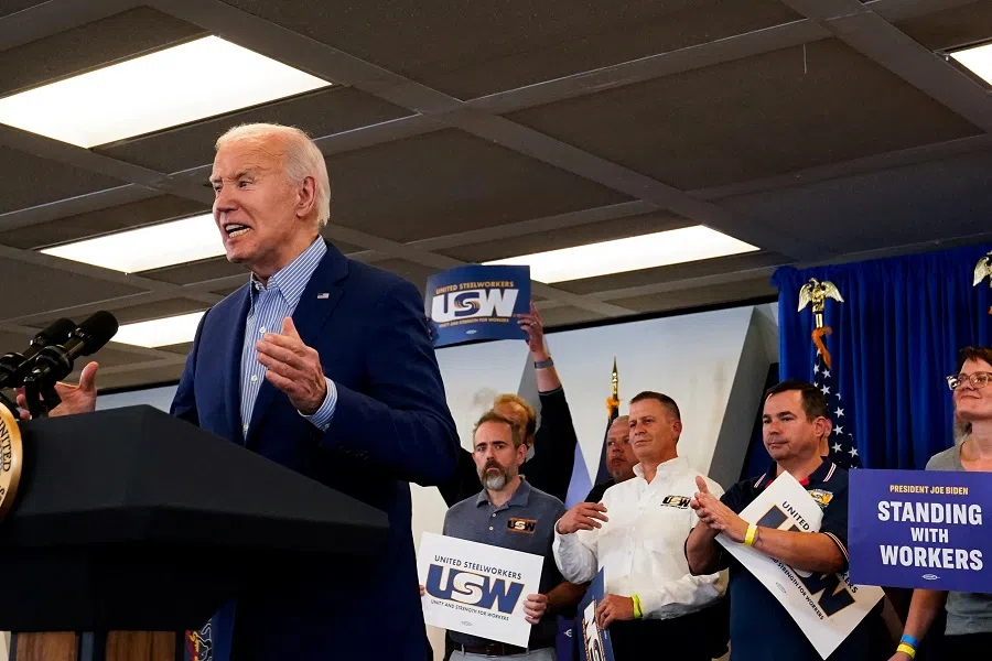US President Joe Biden delivers remarks at the United Steelworkers headquarters in Pittsburgh, Pennsylvania, US, on 17 April 2024. (Elizabeth Frantz/Reuters)
