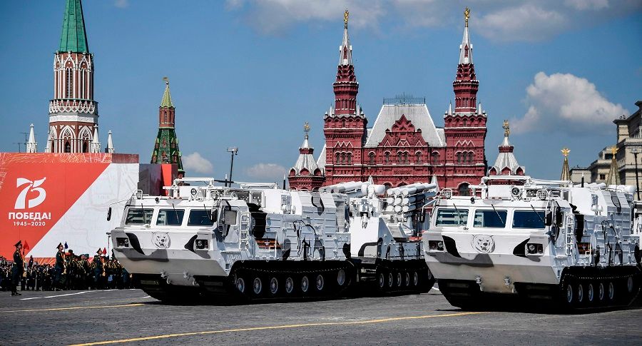 Russian Arctic anti-aircraft missile systems "Pantsir-SA" move through Red Square during a military parade, which marks the 75th anniversary of the Soviet victory over Nazi Germany in World War II, in Moscow on 24 June 2020. (Alexander Nemenov/AFP)