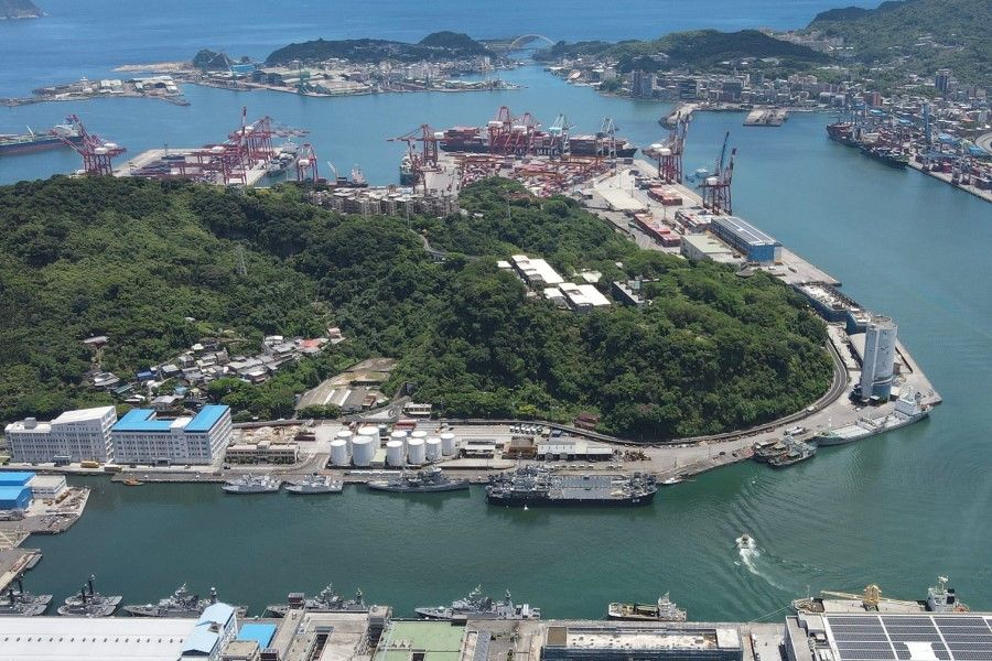 An aerial view shows an empty Keelung Harbour as China's People Liberation Army hold a four-day live-fire drill surrounding Taiwan on 4 August 2022. (Sam Yeh/AFP)