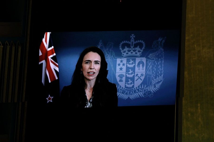 Prime Minister of New Zealand Jacinda Ardern delivers a pre-recorded speech to the 76th session of the United Nations General Assembly at UN headquarters on 24 September 2021, in New York, US. (Peter Foley/Pool/AFP)