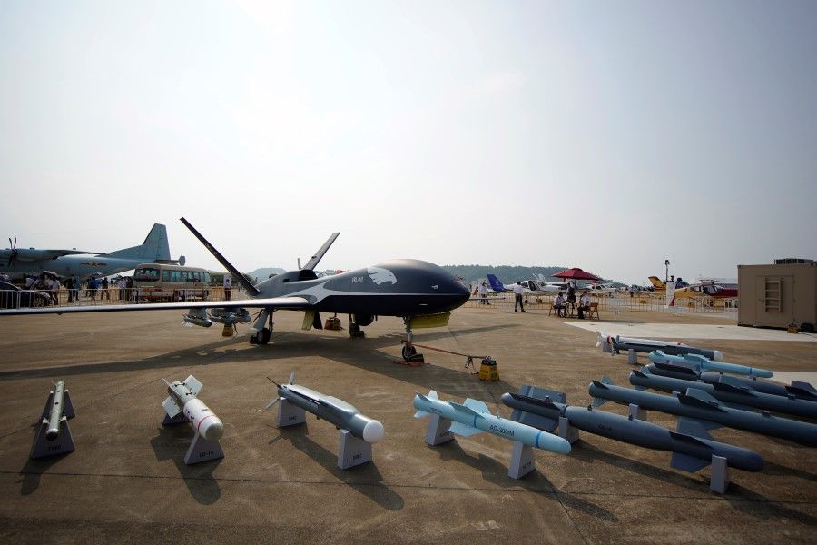 A WL-10 drone is seen displayed at Airshow China, in Zhuhai, Guangdong province, China, 28 September 2021. (Aly Song/Reuters)
