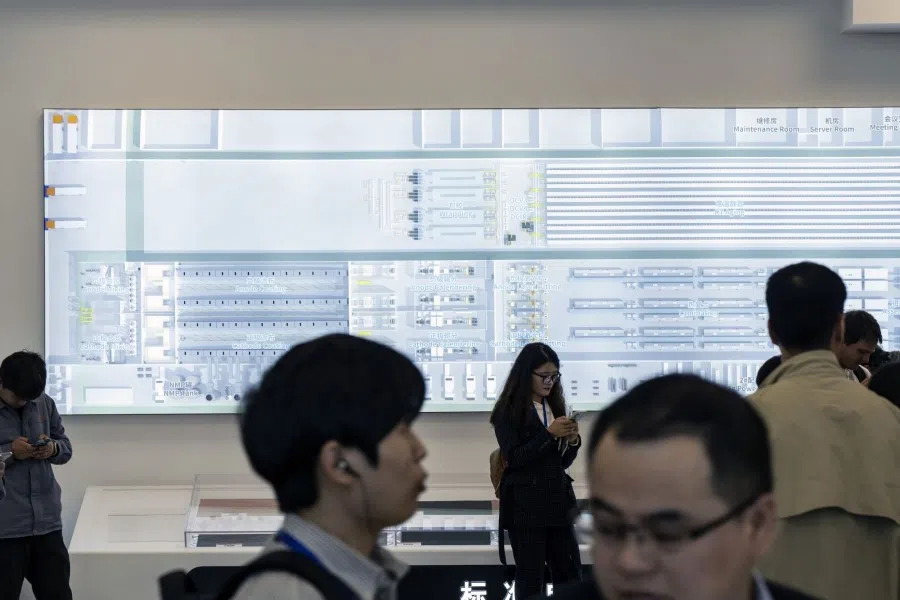 A map of the factory floor on display at an exhibition area of a lithium battery production facility in Hefei, China, on 29 March 2024. (Qilai Shen/Bloomberg)