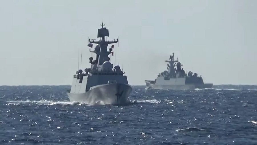 A group of naval vessels from Russia and China conduct a joint maritime military patrol in the waters of the Pacific Ocean, in this still image taken from video released on 23 October 2021. (Russian Defence Ministry/Handout via Reuters)