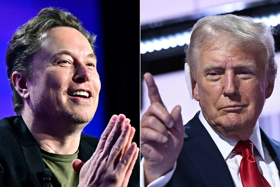 This combination of pictures created on 12 August 2024 shows Tesla CEO Elon Musk (left) speaking at the 27th annual Milken Institute Global Conference at the Beverly Hilton in Los Angeles on 6 May 2024 and former US President and 2024 Republican presidential candidate Donald Trump standing onstage during the last day of the 2024 Republican National Convention at the Fiserv Forum in Milwaukee, Wisconsin, on 18 July 2024. (Frederic J. Brown and Brendan Smialowski/AFP)