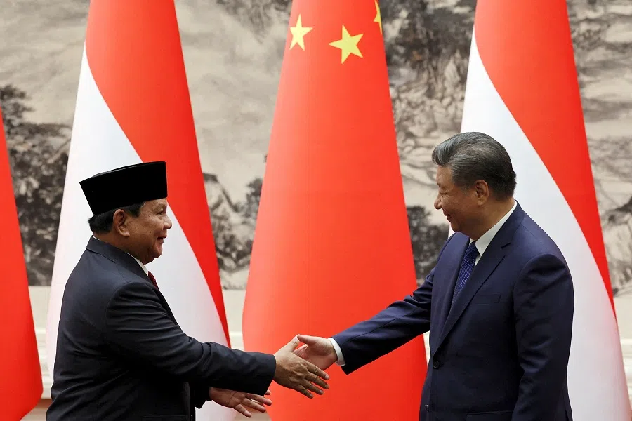 Chinese President Xi Jinping and Indonesian President Prabowo Subianto shake hands at the Great Hall of the People in Beijing, China, on 9 November 2024.