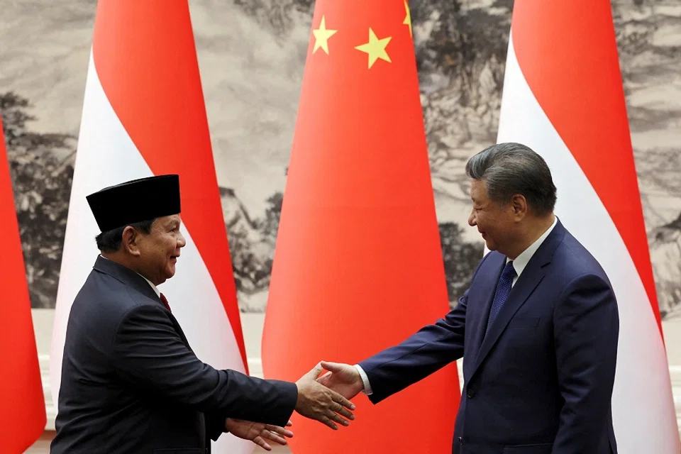Chinese President Xi Jinping and Indonesian President Prabowo Subianto shake hands at the Great Hall of the People in Beijing, China, on 9 November 2024. (Florence Lo/Reuters)