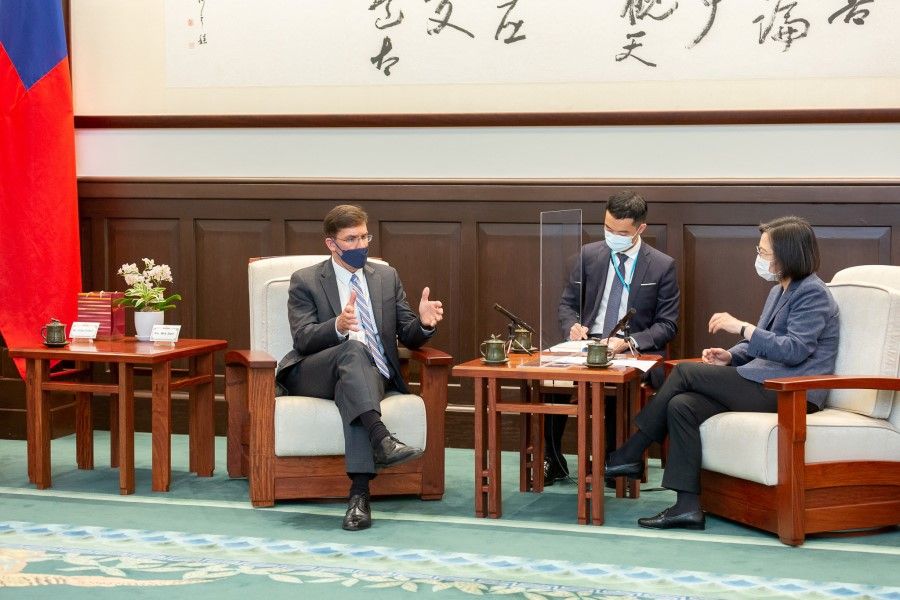 Former US Defence Secretary Mark Esper meets Taiwan President Tsai Ing-wen at the presidential office in Taipei, Taiwan, 19 July 2022. (Taiwan Presidential Office/Handout via Reuters)