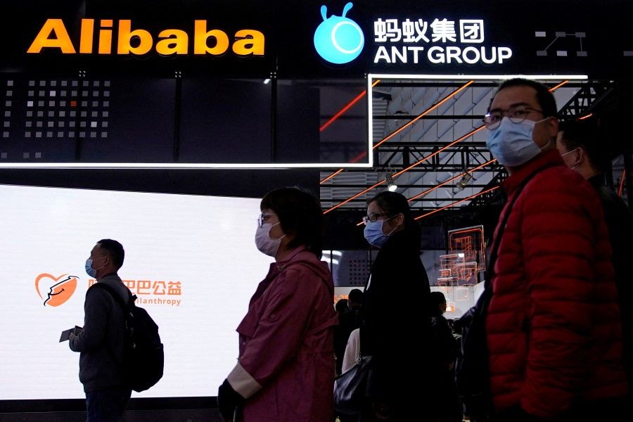 Signs of Alibaba Group and Ant Group are seen during the World Internet Conference in Wuzhen, Zhejiang province, China, 23 November 2020. (Aly Song/Reuters)
