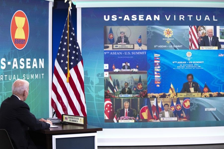 US President Joe Biden participates virtually during the Association of Southeast Asian Nations (ASEAN) meeting in the Eisenhower Executive Office Building in Washington, DC, US, on 26 October 2021. Biden plans to provide Southeast Asia with more than $100 million in funding to fight the pandemic and tackle the climate crisis as his administration seeks to bolster ties with a region seeking to balance its growing economic reliance on China. (Tom Brenner/Bloomberg)