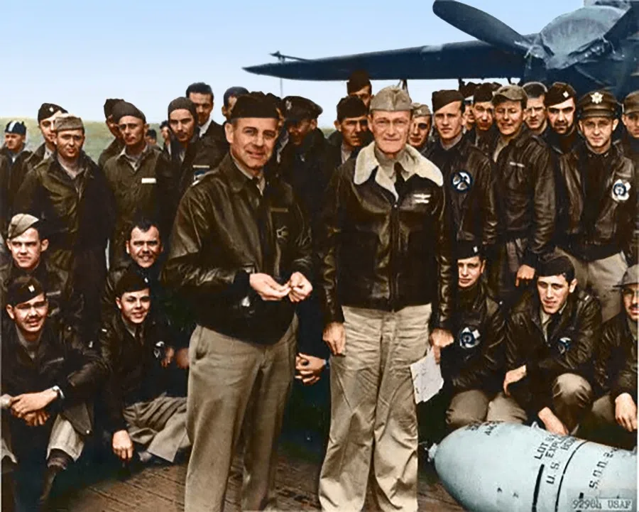 Lieutenant Colonel James Doolittle with pilots and personnel on the deck of the USS Hornet before setting off on what came to be known as the Doolittle Raid, 1 April 1942.