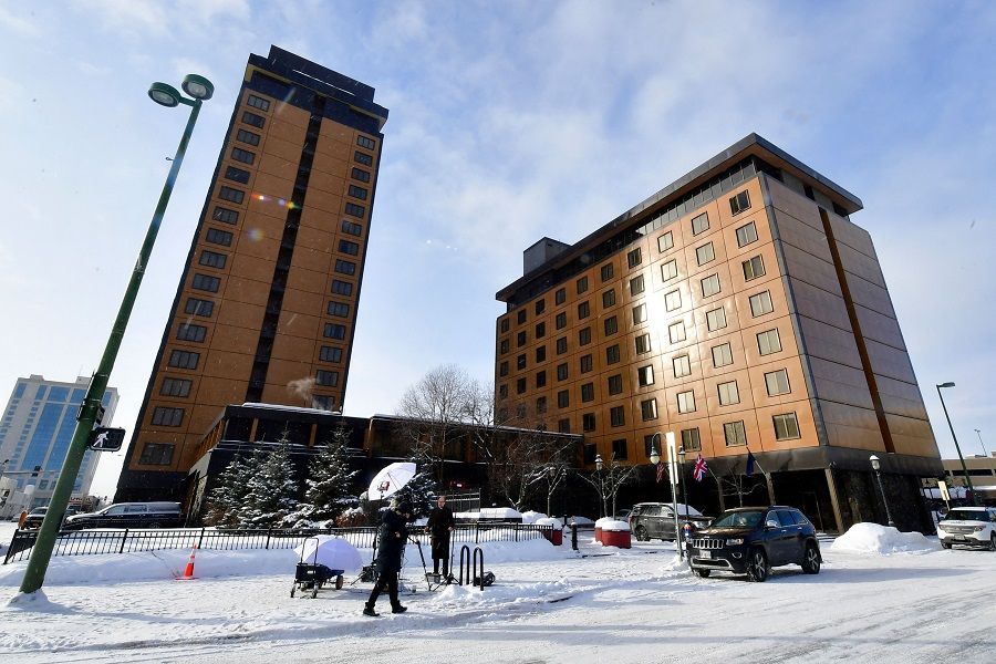 The Captain Cook hotel is pictured in Anchorage, Alaska where talks took place between US and Chinese delegations on 18 March 2021. (Frederic J. Brown/Pool/AFP)