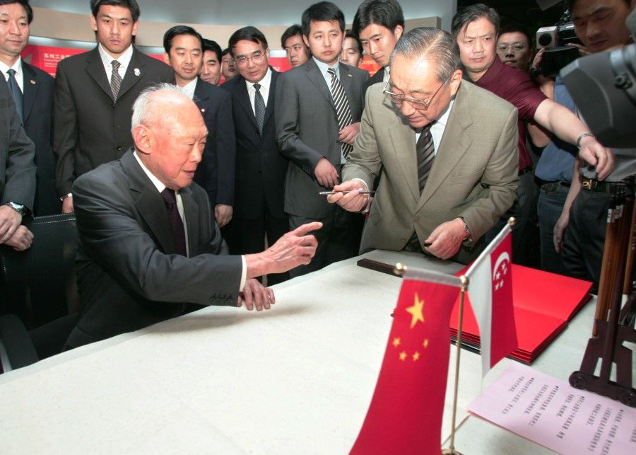 Mr Lee Kuan Yew (L) with former Chinese vice-premier Li Lanqing at the 10th anniversary of the Suzhou Industrial Park in Hu Bin Lou, June 2004. (SPH)