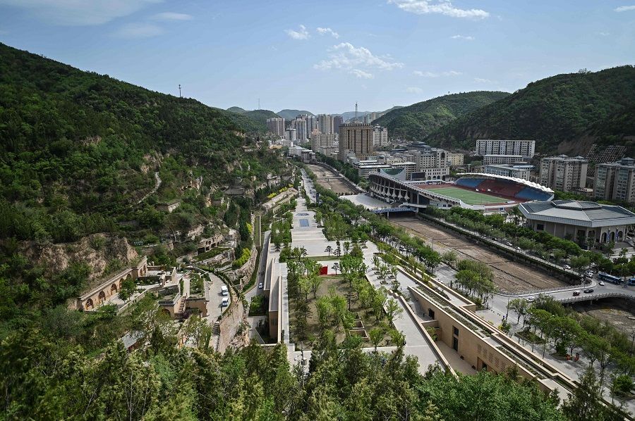 A general view taken during a government-organised media tour shows Yan'an city, the headquarters of the Chinese Communist Party from 1936 to 1947, in Shaanxi province on 9 May 2021. (Hector Retamal/AFP)