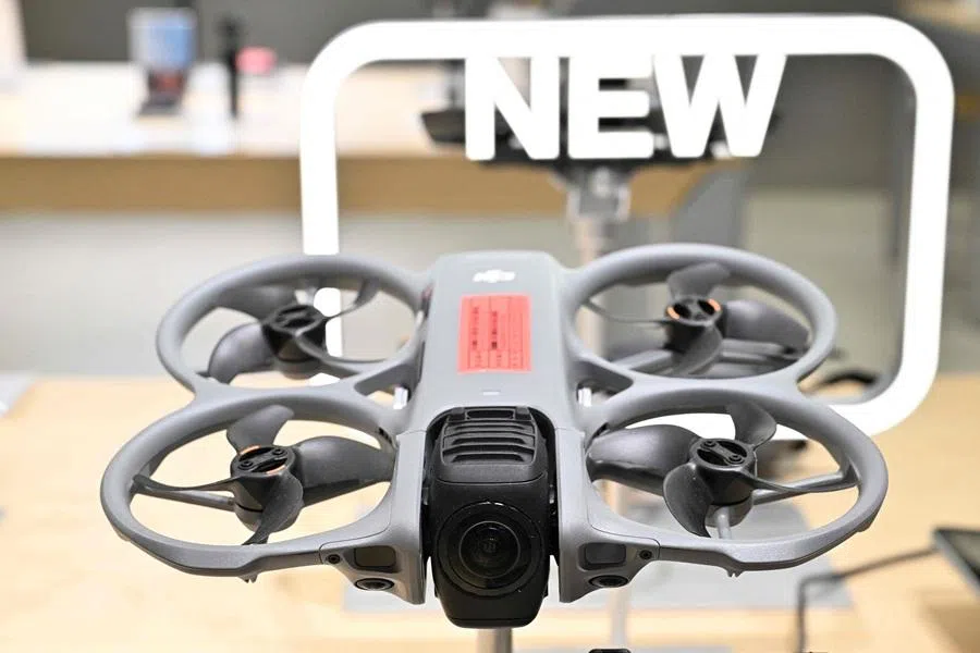 A DJI Avata 360 model drone is displayed at a mall in Beijing on 28 April 2026. (Adek Berry/AFP)