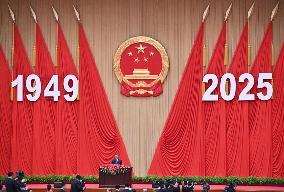 China’s President Xi Jinping delivers his speech during a reception at the Great Hall of the People in Beijing on 30 September 2025. (Adek Berry/AFP)