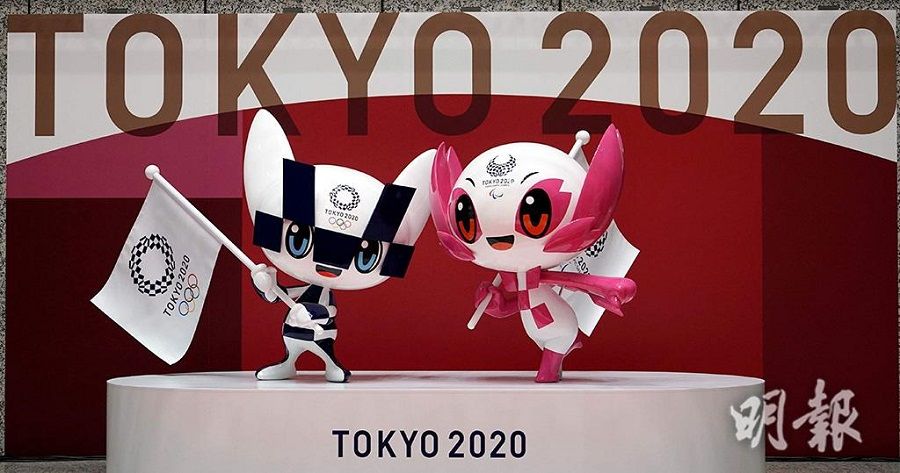 The unveiled statues of Miraitowa (left) and Someity, the official mascots for the Tokyo 2020 Olympics and Paralympics Games, are seen at the Tokyo Metropolitan Government building in Tokyo, Japan, on 14 April 2021. (Eugene Hoshiko/Pool/AFP)