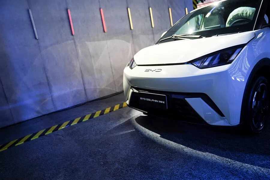 The BYD EV Dolphin Mini is displayed as the Chinese electric-vehicle producer announces the launch of the low-cost EV in Mexico City, Mexico, on 28 February 2024.  (Toya Sarno Jordan/Reuters)