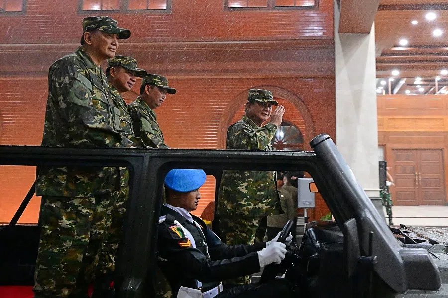 This handout picture taken and released by Indonesia’s presidential palace on 25 October 2024, shows president Prabowo Subianto (right) flanked by defence minister Sjafrie Sjamsoeddin (left), commander-in-chief of the Indonesian army General Agus Subiyanto (second from left) and police commissioner general Listyo Sigit Prabowo (centre), at the military academy during their cabinet retreat in Magelang, Central Java.