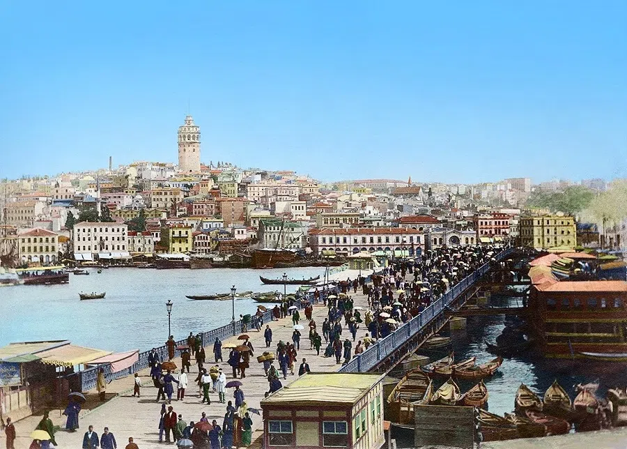 Istanbul, Turkey, in the 1870s, situated at the crossroads of Europe and Asia.