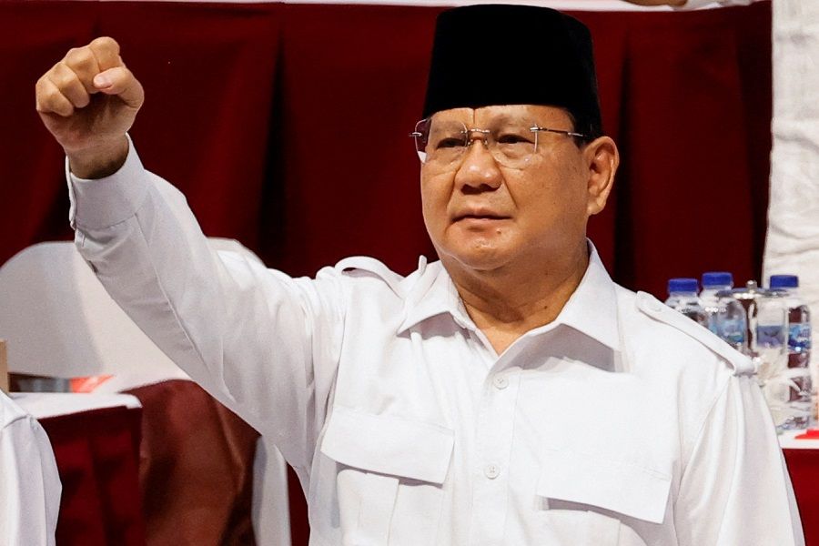 Indonesia's Defence Minister Prabowo Subianto gestures while attending the Gerindra Party leaders national meeting, in Bogor, Indonesia, 12 August 2022. (Willy Kurniawan/Reuters)