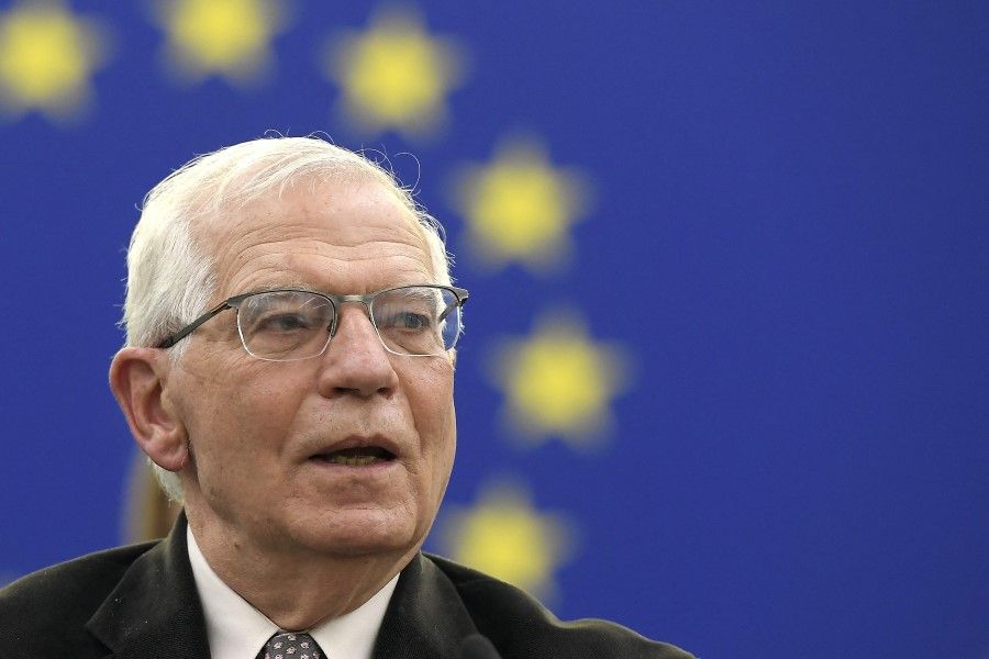 European Union foreign policy chief Josep Borrell speaks during a debate on the conclusions of the European Council meeting regarding Russian invasion of Ukraine during a plenary session at the European Parliament in Strasbourg, eastern France, on 6 April 2022. (Frederick Florin/AFP)