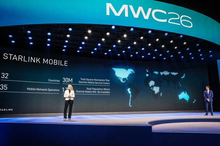 Gwynne Shotwell (left), chief operating officer of SpaceX, and Michael Nicolls, vice president for Starlink at SpaceX, during a keynote speech at MWC Barcelona 2026 in Barcelona, Spain, on 2 March 2026. (Angel Garcia/Bloomberg)