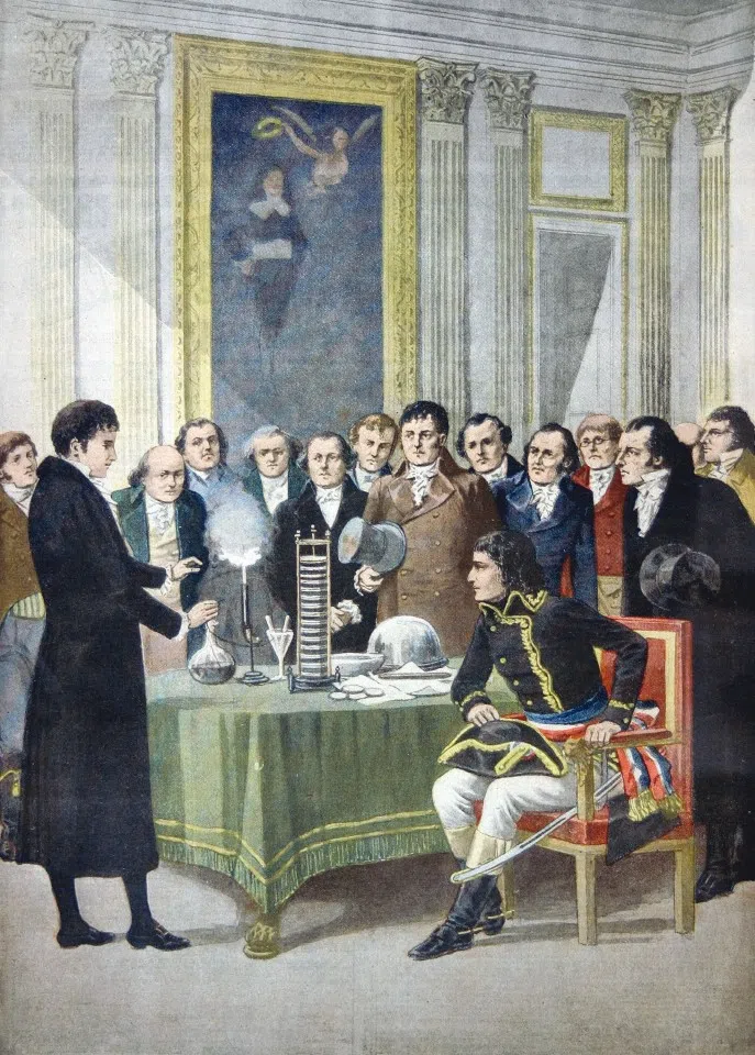 Italian physicist Alessandro Volta demonstrating his pile to French emperor Napoleon Bonaparte. (Wikimedia)