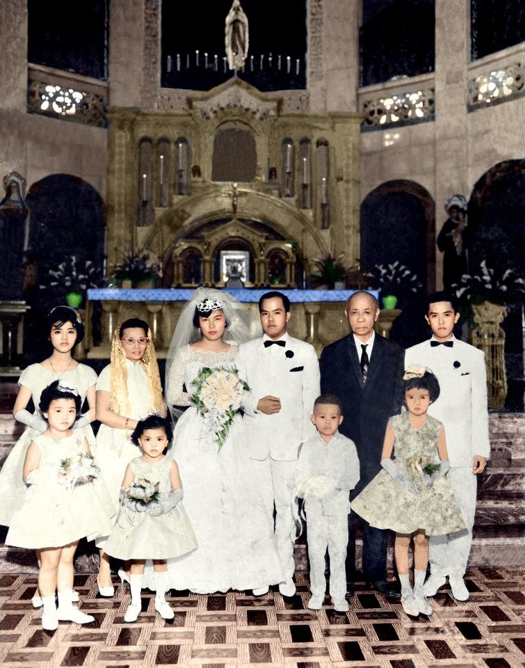 A Filipino-Chinese Catholic wedding, 1950s. Catholicism was brought to the Philippines during the Spanish colonial period, and many of the ethnic Chinese living there held their weddings in Catholic fashion.