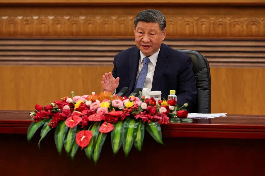 Chinese President Xi Jinping speaks at a meeting with foreign business leaders at the Great Hall of the People in Beijing, China, on 28 March 2025. (Florence Lo/Reuters)