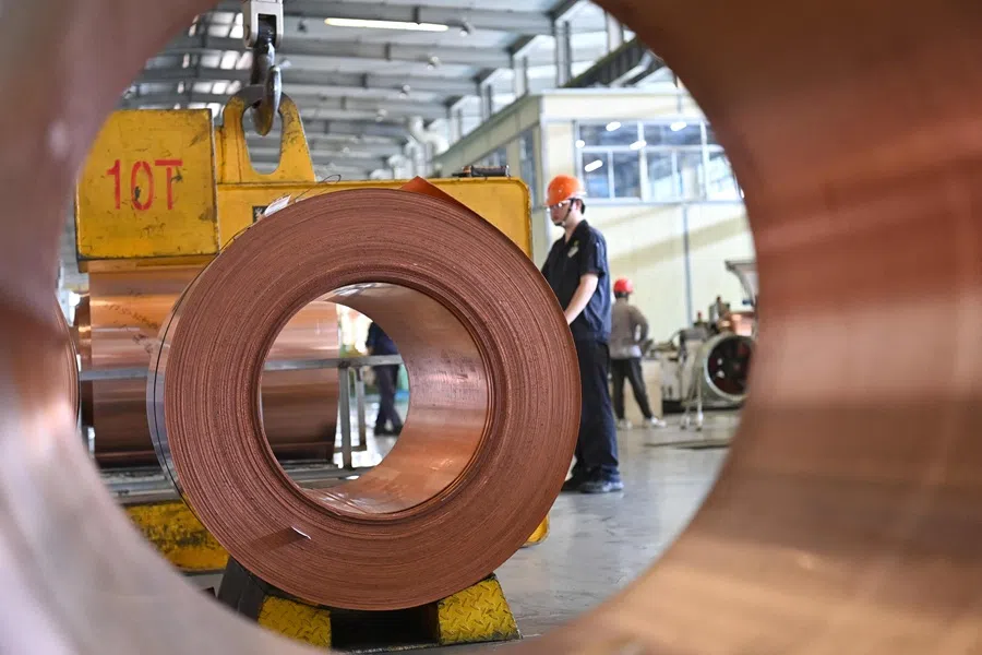 Rolls of copper sheets are seen at a factory which makes copper products in Dongyang, Zhejiang province, China on 5 September 2025. (AFP)