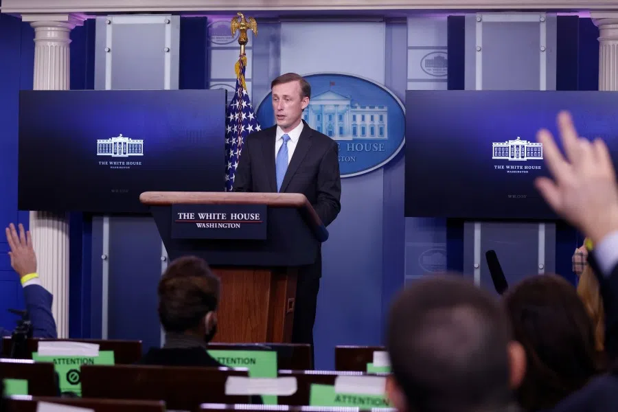 White House National Security Advisor Jake Sullivan takes questions from journalists during a press briefing inside the White House in Washington, U.S., February 4, 2021. REUTERS/Tom Brenner