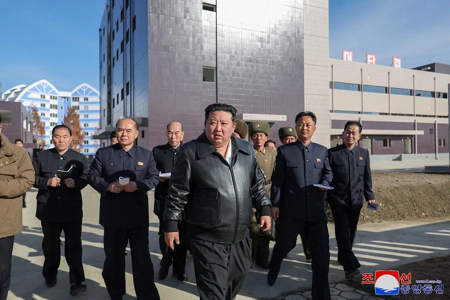 This picture taken on 19 November 2024 and released from North Korea’s official Korean Central News Agency (KCNA) via KNS on 20 November 2024 shows North Korea’s leader Kim Jong Un visiting a local industrial factory construction project in Seongcheon county, South Pyongan province.  (KCNA via KNS/AFP)