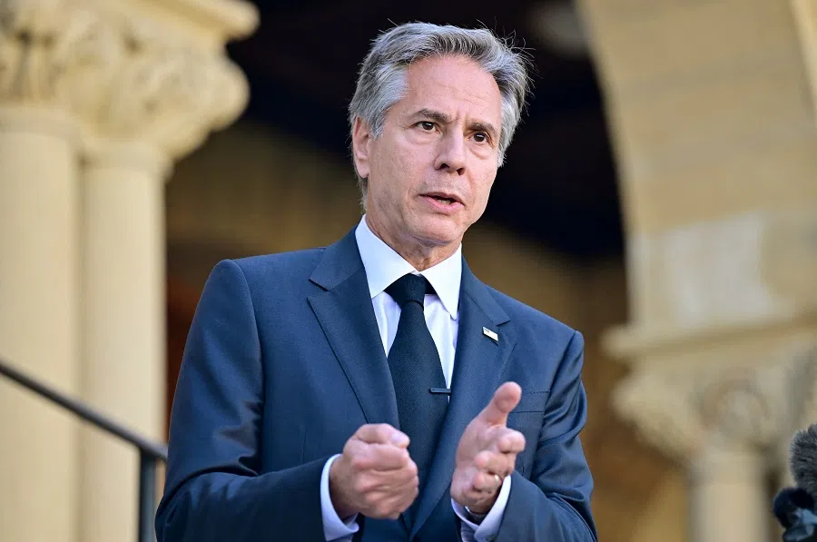 US Secretary of State Antony Blinken answers questions by the media at Stanford University, in Stanford, California, US, 17 October 2022. (Josh Edelson/Pool via Reuters)