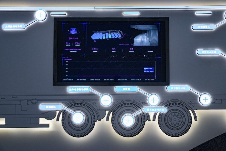 A display of various artificial intelligence technology on a truck at the G7 headquarters in Beijing, China, on 12 December 2020. Using Internet of Things technology, G7 can employ anti-fatigue cameras to call out bad driving, built-in advanced driver-assistance systems to send warnings about insufficient space between vehicles on highways, and real-time cargo weighing to prevent stealing. (Gilles Sabrie/Bloomberg)