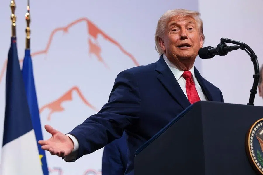 US President Donald Trump speaks at a press conference during the G7 Leaders' Summit on 17 June 2026 in Evian-les-Bains, France.