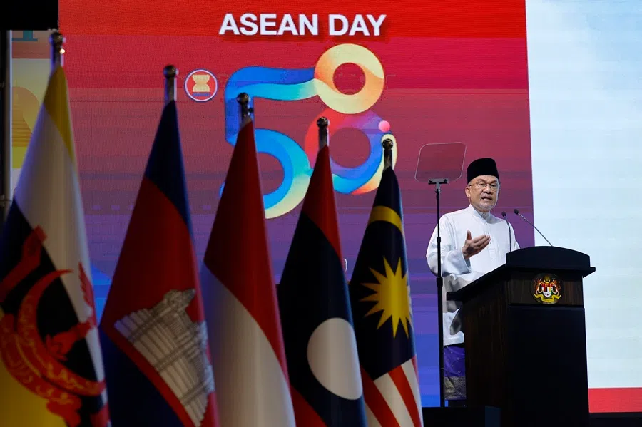 Malaysia Prime Minister Anwar Ibrahim delivers a speech at the 58th ASEAN Day celebration 2025, on 8 August 2025. (Bernama)