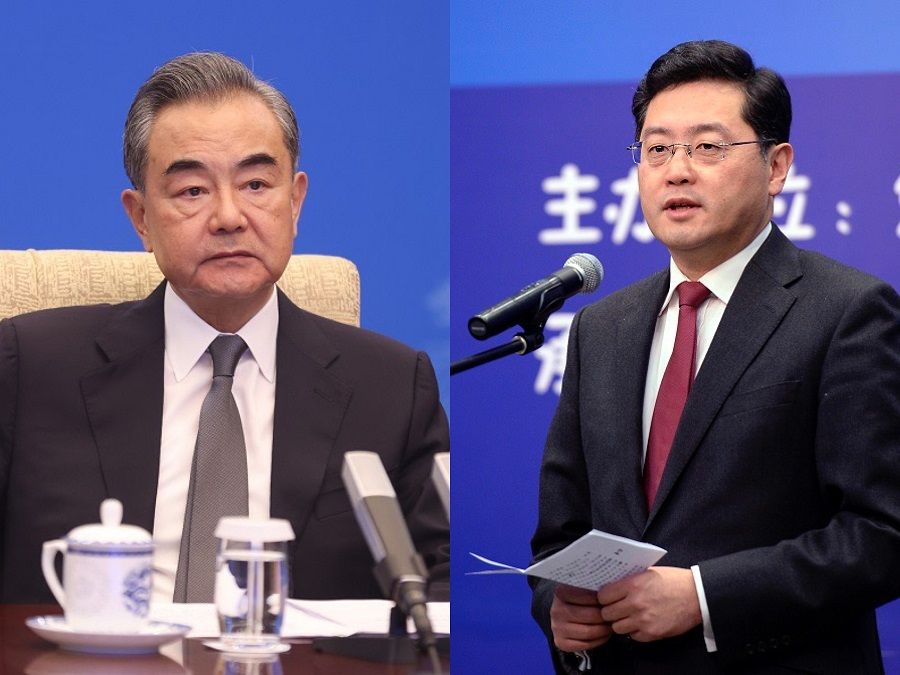 Wang Yi (left), director of the Office of the Central Commission for Foreign Affairs, and Qin Gang, China's new foreign minister. (CNS)