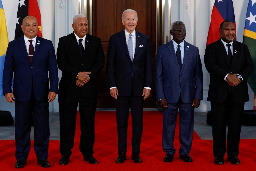 US President Joe Biden poses with Federated States of Micronesia's President David Panuelo, Fiji's then Prime Minister Frank Bainimarama, Solomon Islands Prime Minister Manasseh Sogavare and Papua New Guinea's Prime Minister James Marape and other leaders from the US-Pacific Island Country Summit (not pictured), at the White House in Washington, US, 29 September 2022. (Jonathan Ernst/File Photo/Reuters)